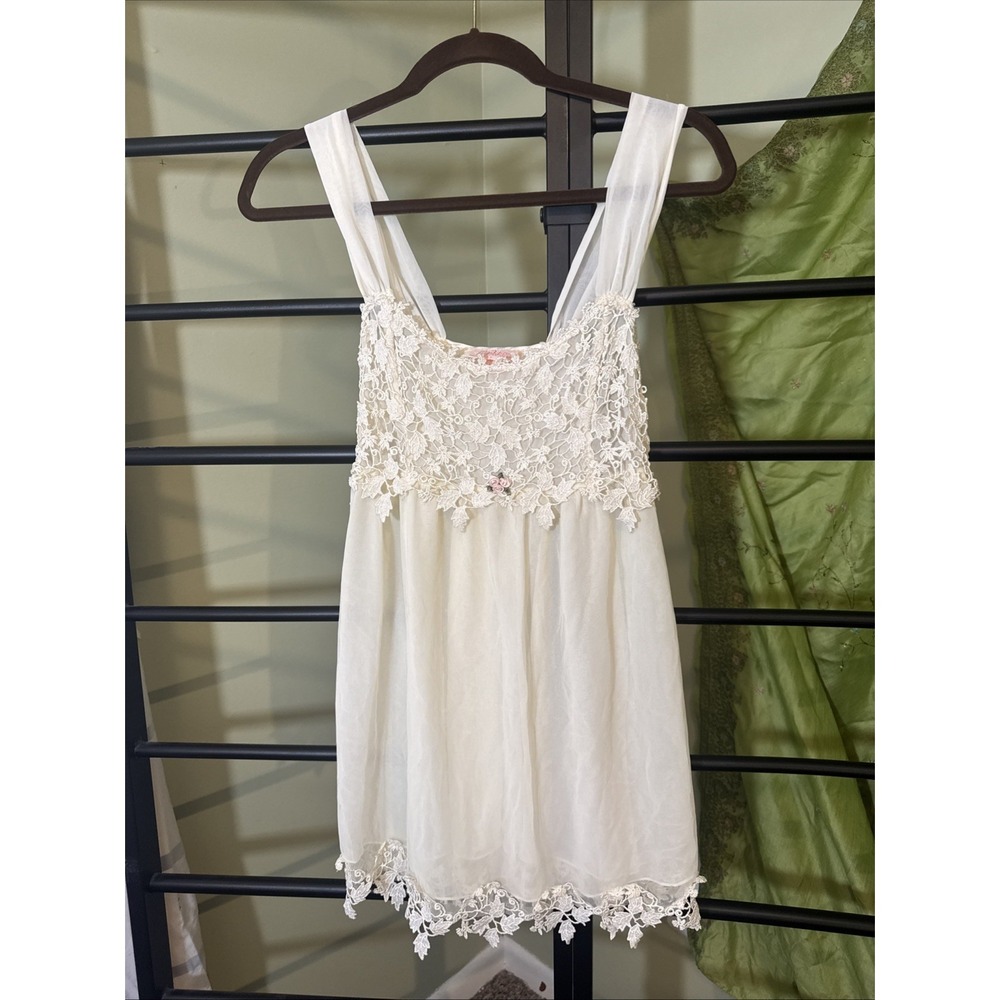 Vintage Y2K Camisole F Cera Hilrsoz Ivory Sheer Lace Chiffon Women Small Petite